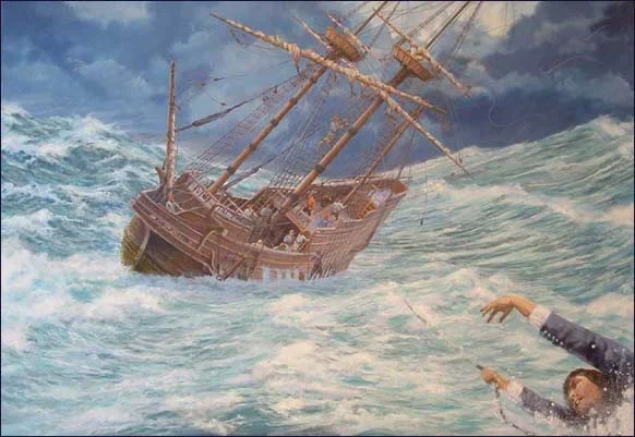 Painting of John Howland overboard in the storm, dragged behind the Mayflower during the 1620 voyage.